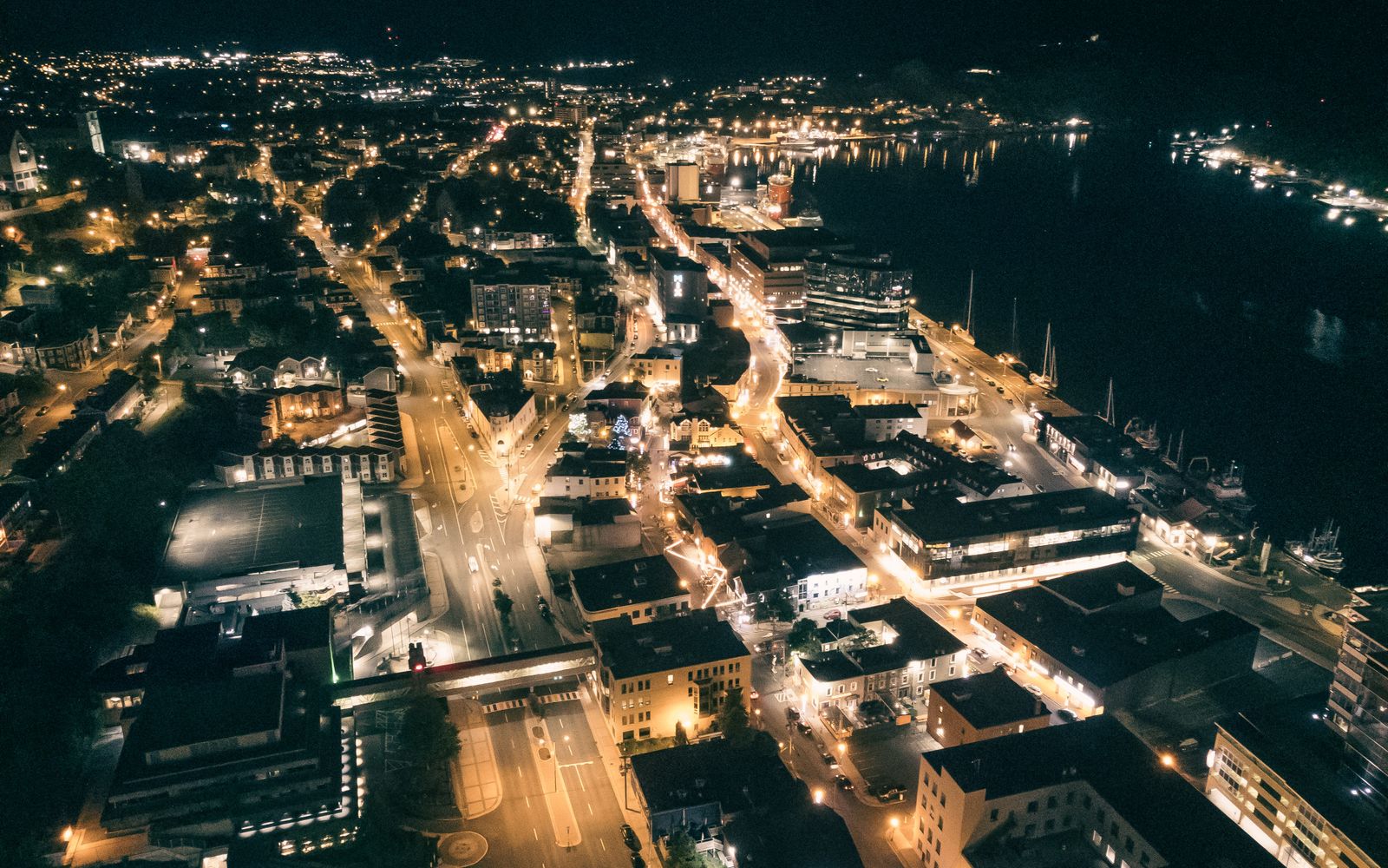 Aerial night view of a city captured by drone
